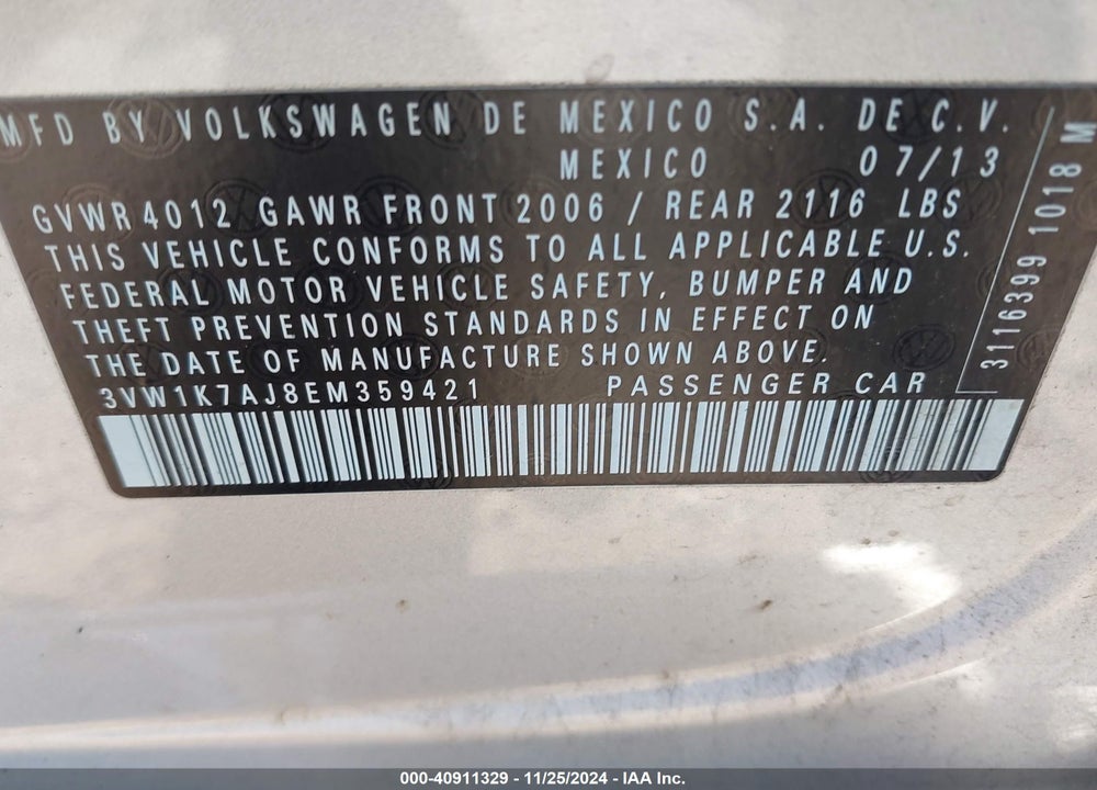 2014 VOLKSWAGEN JETTA 2.0L S VIN: 3VW1K7AJ8EM359421