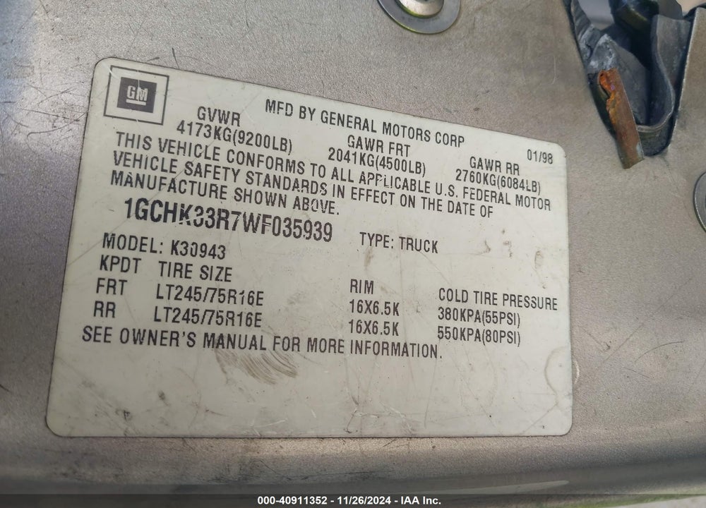 1998 CHEVROLET K3500 VIN: 1GCHK33R7WF035939