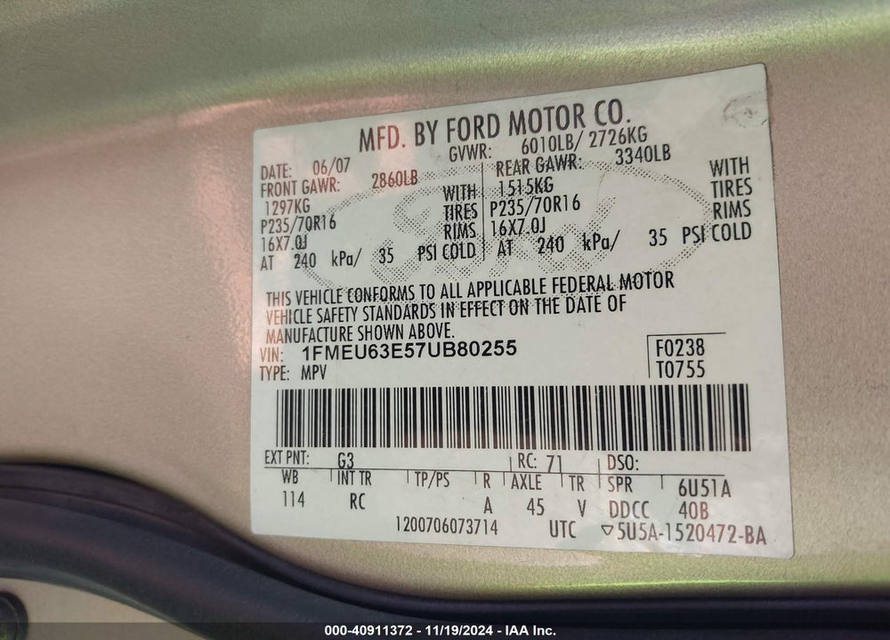 2007 FORD EXPLORER XLT VIN: 1FMEU63E57UB80255