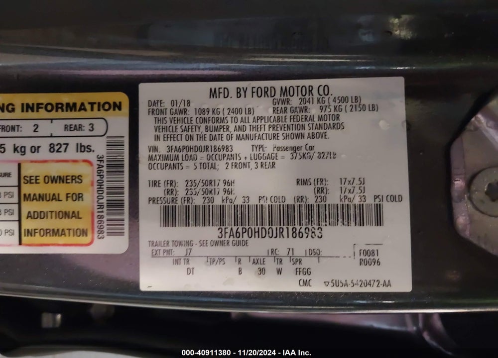 2018 FORD FUSION SE VIN: 3FA6P0HD0JR186983