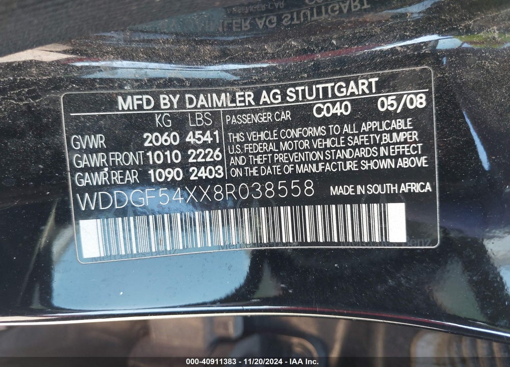 2008 MERCEDES-BENZ C 300 VIN: WDDGF54XX8R038558