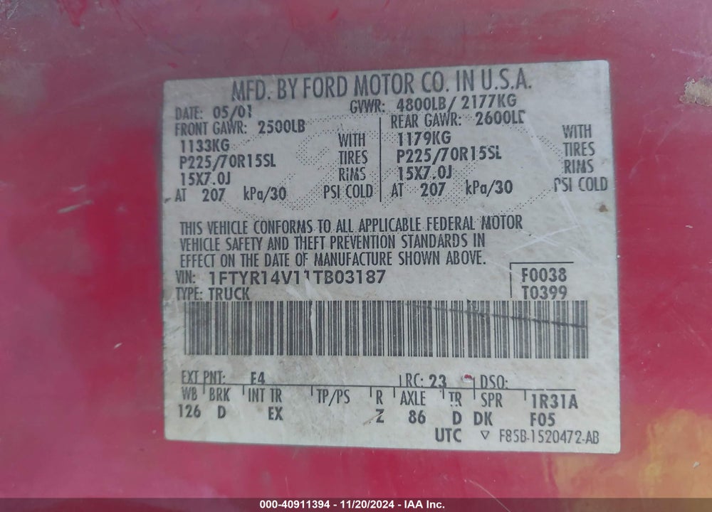 2001 FORD RANGER EDGE/XL/XLT VIN: 1FTYR14V11TB03187