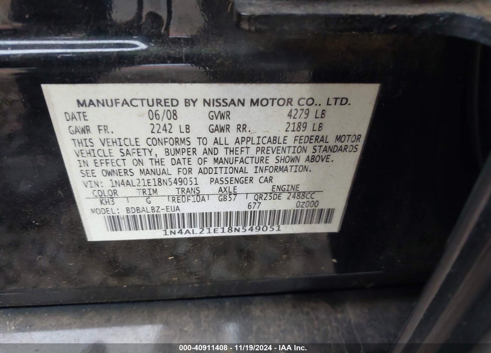 2008 NISSAN ALTIMA 2.5 S VIN: 1N4AL21E18N549051