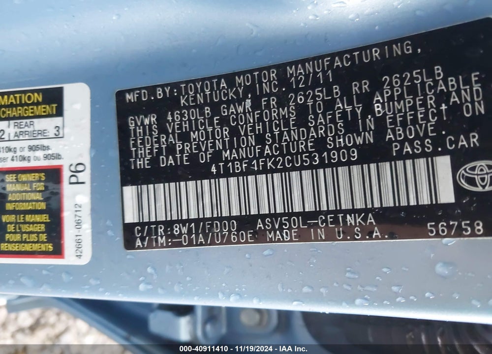 2012 TOYOTA CAMRY LE VIN: 4T1BF1FK2CU531909