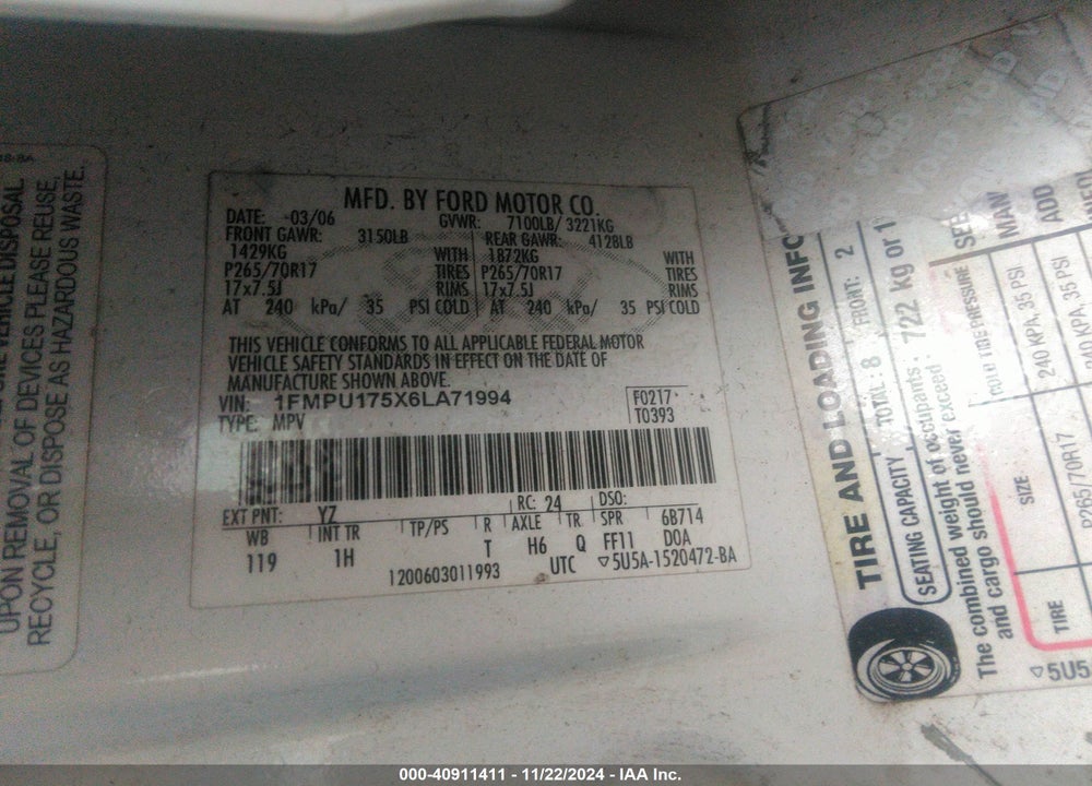 2006 FORD EXPEDITION EDDIE BAUER/KING RANCH VIN: 1FMPU175X6LA71994