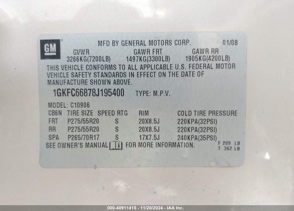 2008 GMC YUKON XL 1500 DENALI VIN: 1GKFC66878J195400