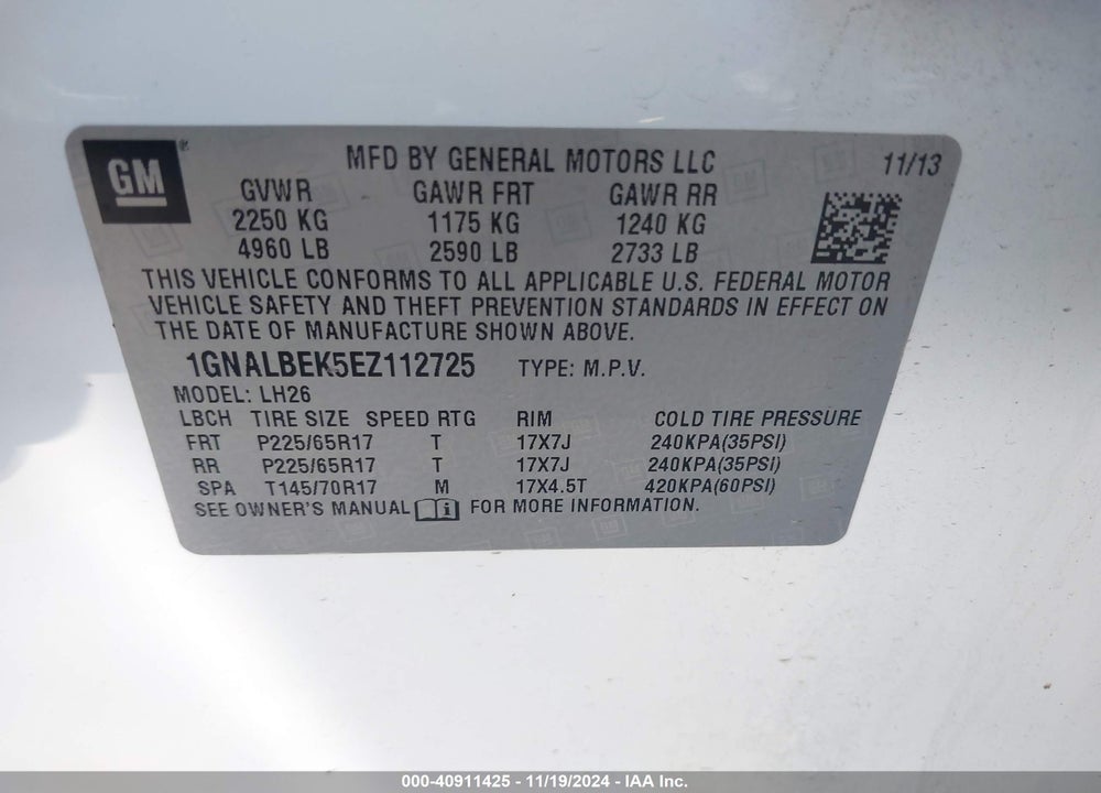 2014 CHEVROLET EQUINOX 1LT VIN: 1GNALBEK5EZ112725