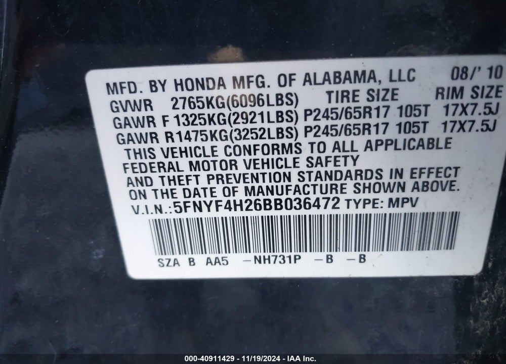 2011 HONDA PILOT LX VIN: 5FNYF4H26BB036472