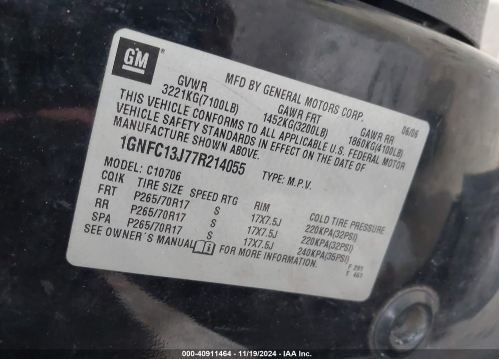 2007 CHEVROLET TAHOE LT VIN: 1GNFC13J77R214055