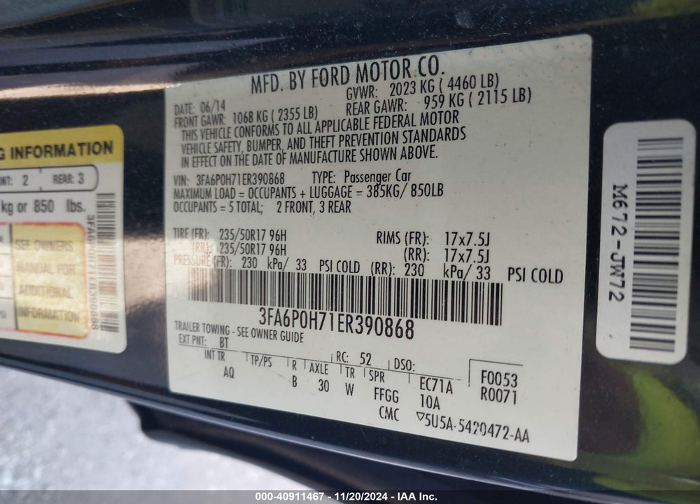 2014 FORD FUSION SE VIN: 3FA6P0H71ER390868