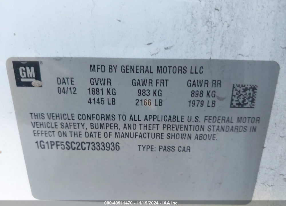 2012 CHEVROLET CRUZE 1LT VIN: 1G1PF5SC2C7333936