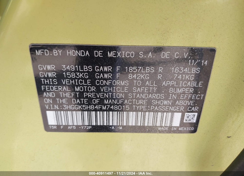 2015 HONDA FIT EX/EX-L VIN: 3HGGK5H84FM748015