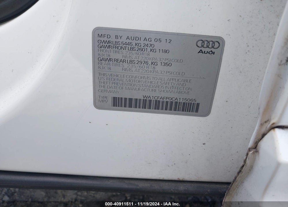 2012 AUDI Q5 2.0T PREMIUM VIN: WA1CFAFP0CA115065