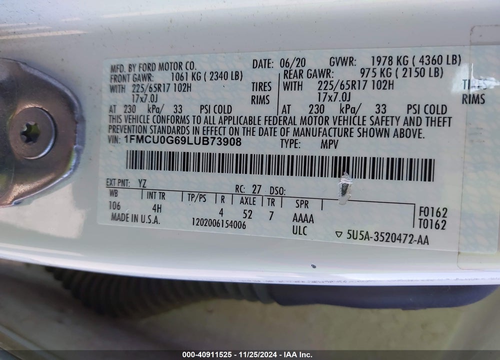 2020 FORD ESCAPE SE VIN: 1FMCU0G69LUB73908