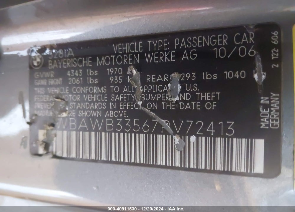 2007 BMW 328I VIN: WBAWB33567PV72413