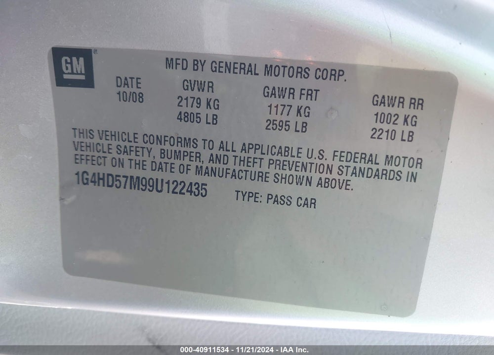 2009 BUICK LUCERNE CXL SPECIAL EDITION VIN: 1G4HD57M99U122435