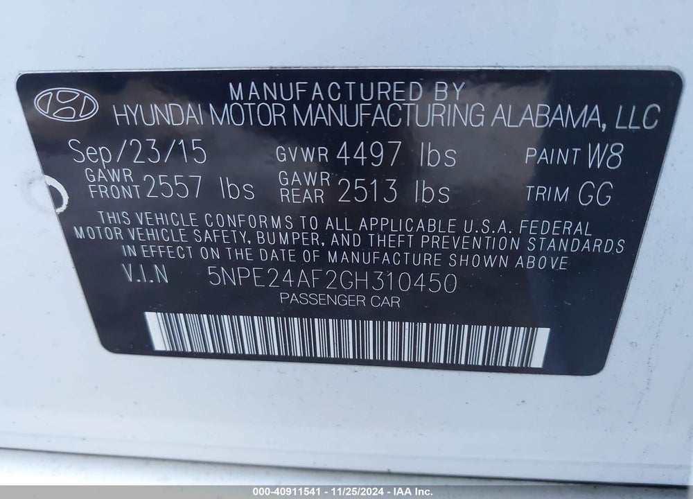 2016 HYUNDAI SONATA VIN: 5NPE24AF2GH310450