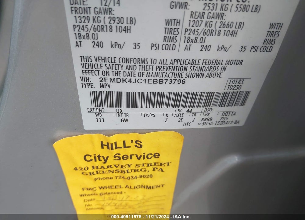 2014 FORD EDGE SEL VIN: 2FMDK4JC1EBB73796