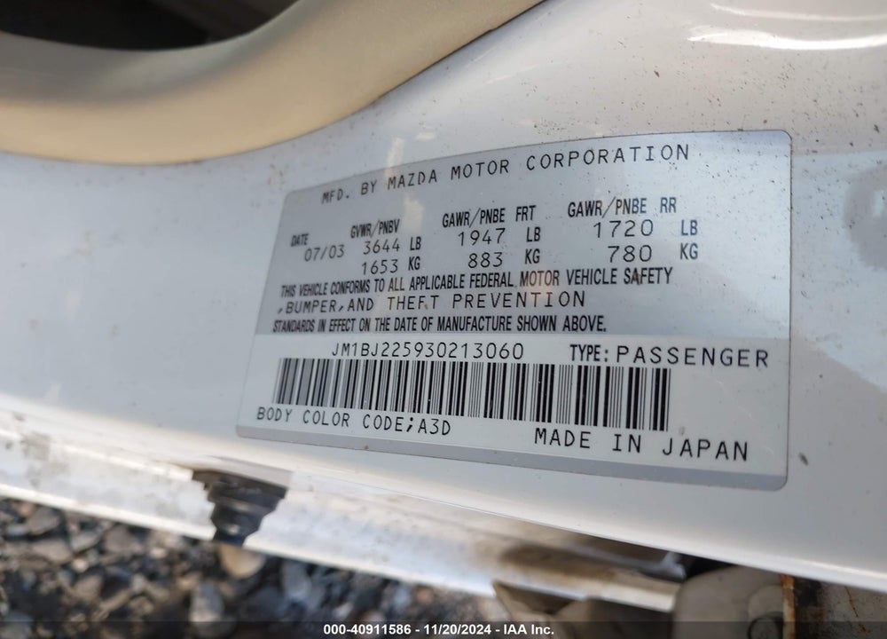2003 MAZDA PROTEGE DX/ES/LX VIN: JM1BJ225930213060