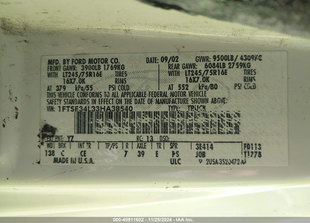 2003 FORD E-350 SUPER DUTY COMMERCIAL/RECREATIONAL VIN: 1FTSE34L33HA38540