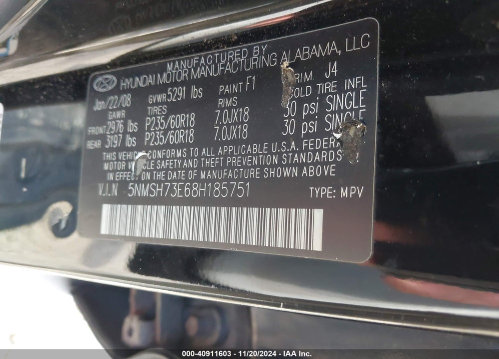 2008 HYUNDAI SANTA FE LIMITED/SE VIN: 5NMSH73E68H185751