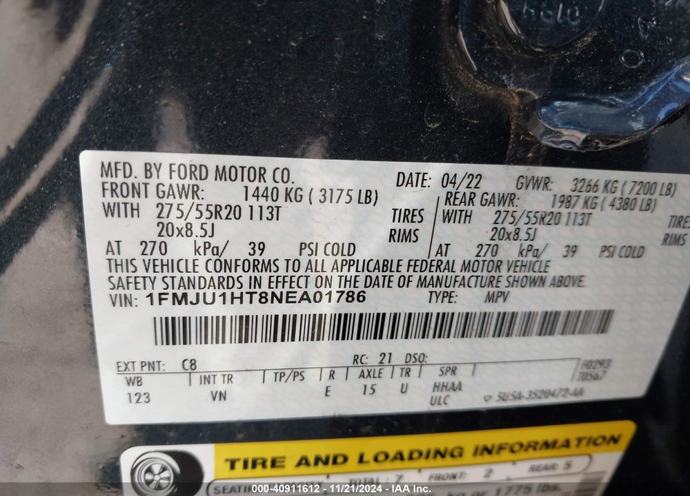 2022 FORD EXPEDITION XLT VIN: 1FMJU1HT8NEA01786