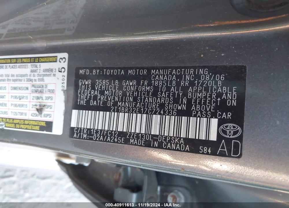 2007 TOYOTA COROLLA S VIN: 2T1BR32E17C724336