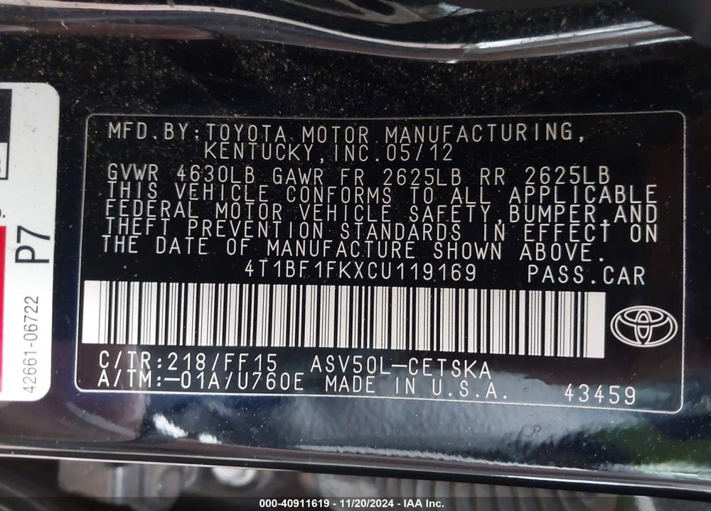 2012 TOYOTA CAMRY SE VIN: 4T1BF1FKXCU119169