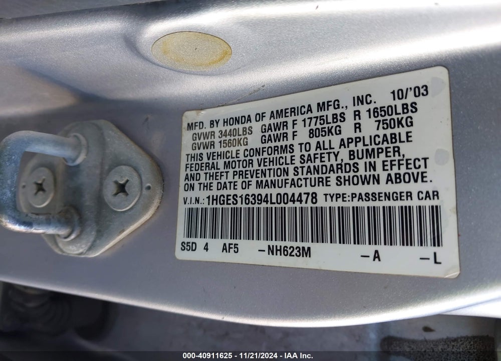 2004 HONDA CIVIC DX VP VIN: 1HGES16394L004478