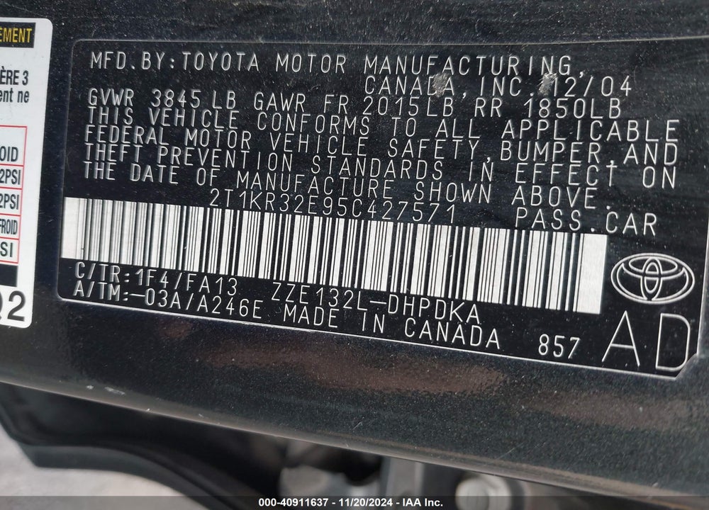 2005 TOYOTA MATRIX VIN: 2T1KR32E95C427571