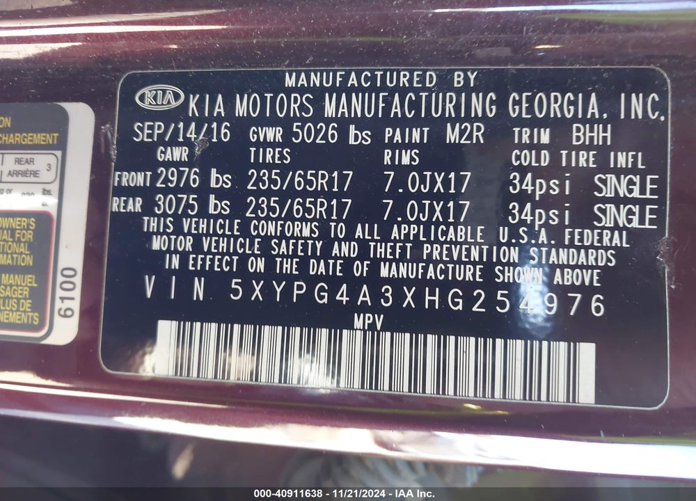 2017 KIA SORENTO 2.4L LX VIN: 5XYPG4A3XHG254976