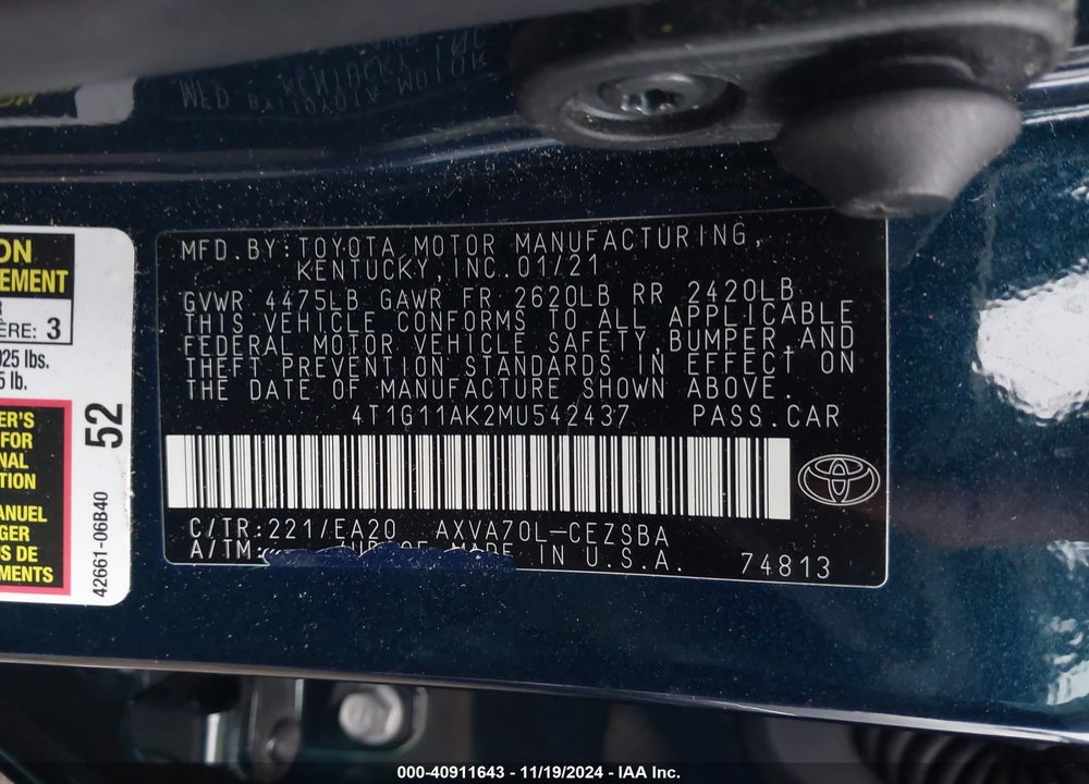 2021 TOYOTA CAMRY SE VIN: 4T1G11AK2MU542437