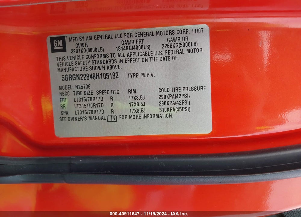 2008 HUMMER H2 SUT VIN: 5GRGN22848H105182