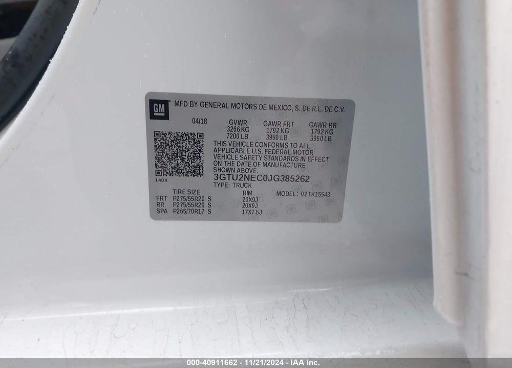 2018 GMC SIERRA VIN: 3GTU2NEC0JG385262