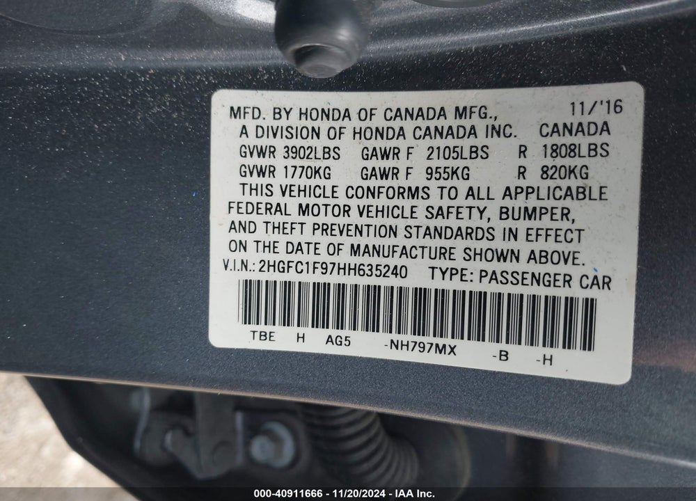 2017 HONDA CIVIC TOURING VIN: 2HGFC1F97HH635240