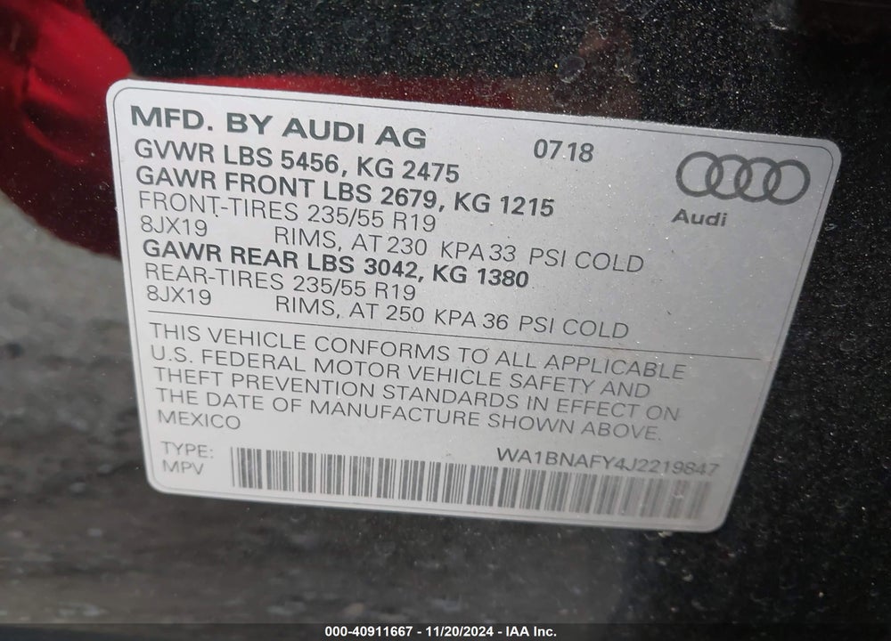 2018 AUDI Q5 2.0T PREMIUM/2.0T TECH PREMIUM VIN: WA1BNAFY4J2219847