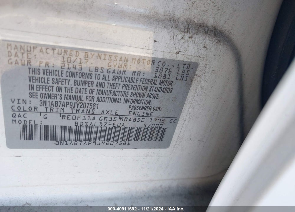 2018 NISSAN SENTRA SV VIN: 3N1AB7AP9JY207581