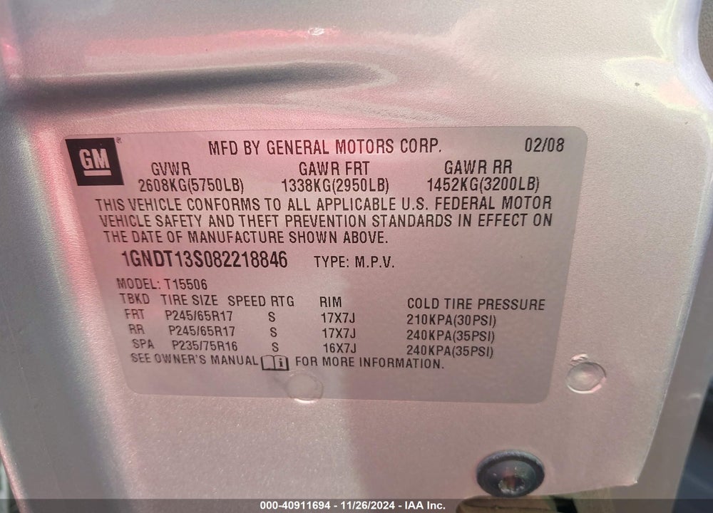 2008 CHEVROLET TRAILBLAZER FLEET VIN: 1GNDT13S082218846