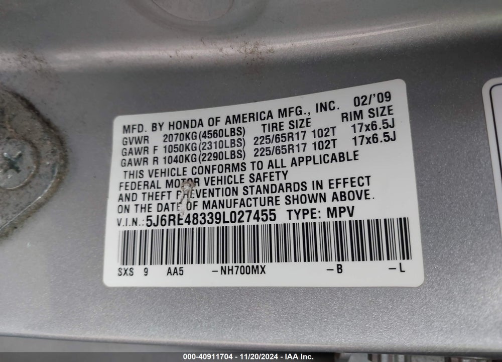 2009 HONDA CR-V LX VIN: 5J6RE48339L027455