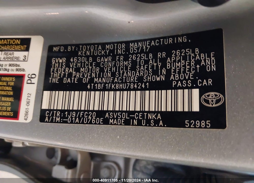 2017 TOYOTA CAMRY LE VIN: 4T1BF1FK8HU784241