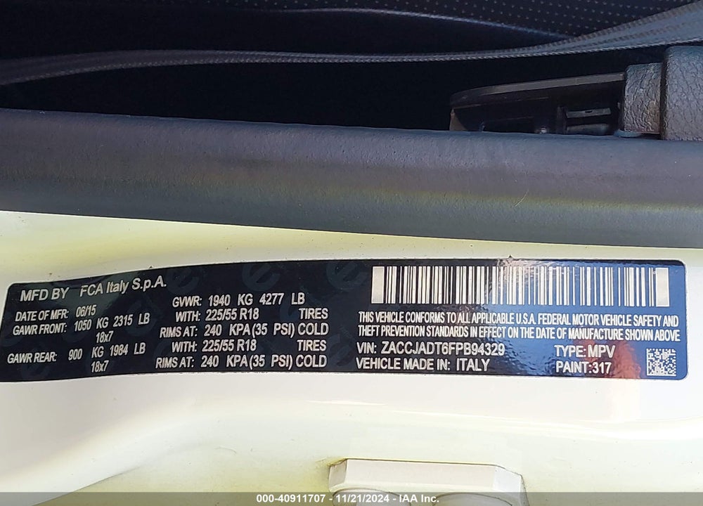 2015 JEEP RENEGADE LIMITED VIN: ZACCJADT6FPB94329