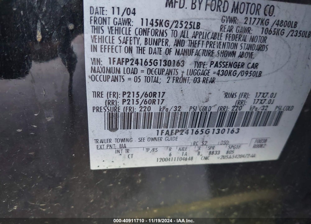 2005 FORD FIVE HUNDRED SEL VIN: 1FAFP24165G130163