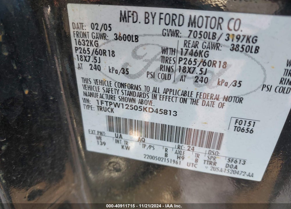 2005 FORD F-150 LARIAT/XLT VIN: 1FTPW12505KD45813
