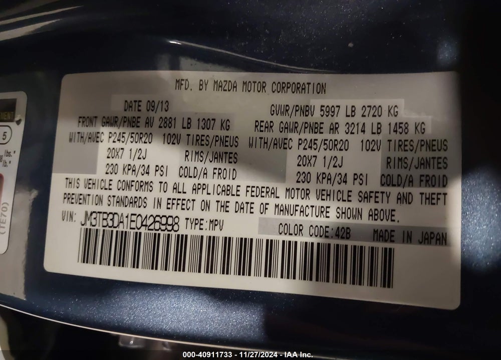 2014 MAZDA CX-9 GRAND TOURING VIN: JM3TB3DA1E0426998