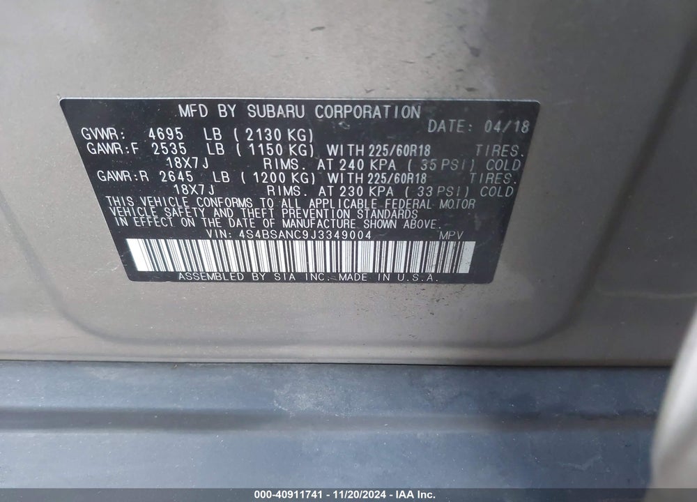 2018 SUBARU OUTBACK 2.5I LIMITED VIN: 4S4BSANC9J3349004