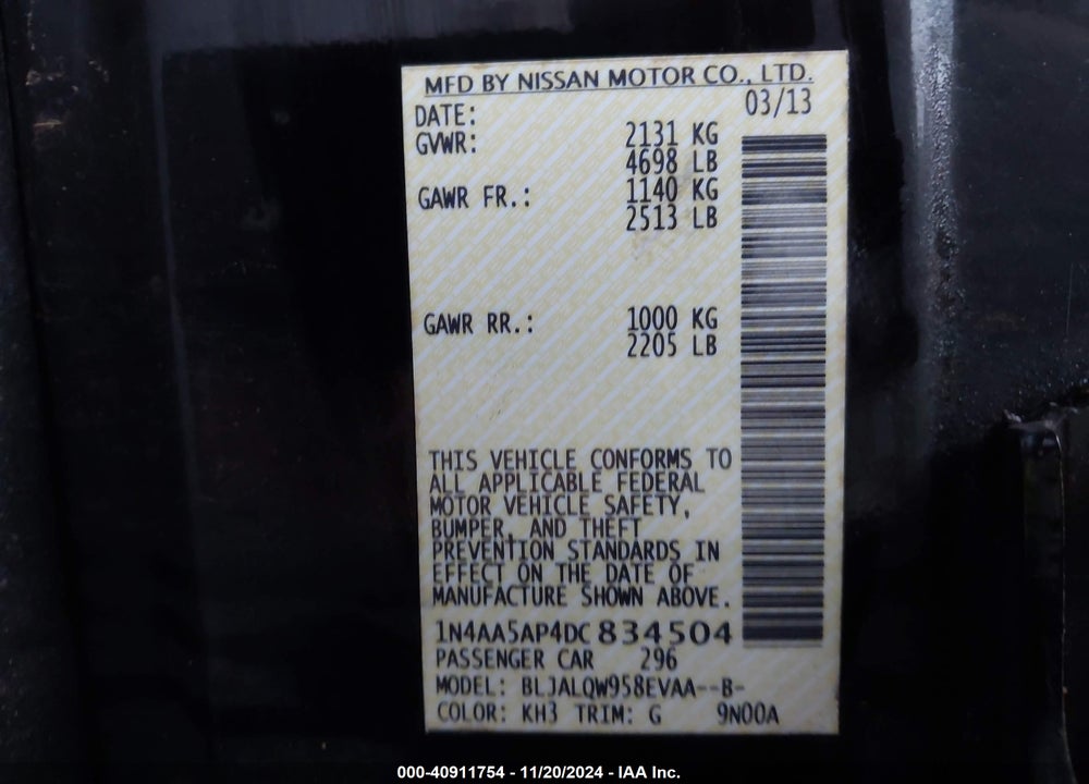 2013 NISSAN MAXIMA 3.5 S VIN: 1N4AA5AP4DC834504