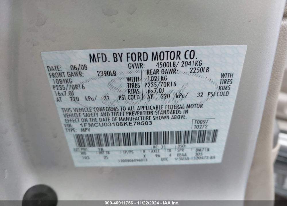 2008 FORD ESCAPE XLT VIN: 1FMCU03108KE78503