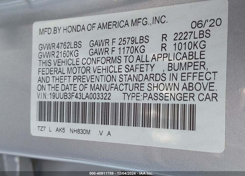 2020 ACURA TLX TECH PACKAGE VIN: 19UUB3F43LA003322