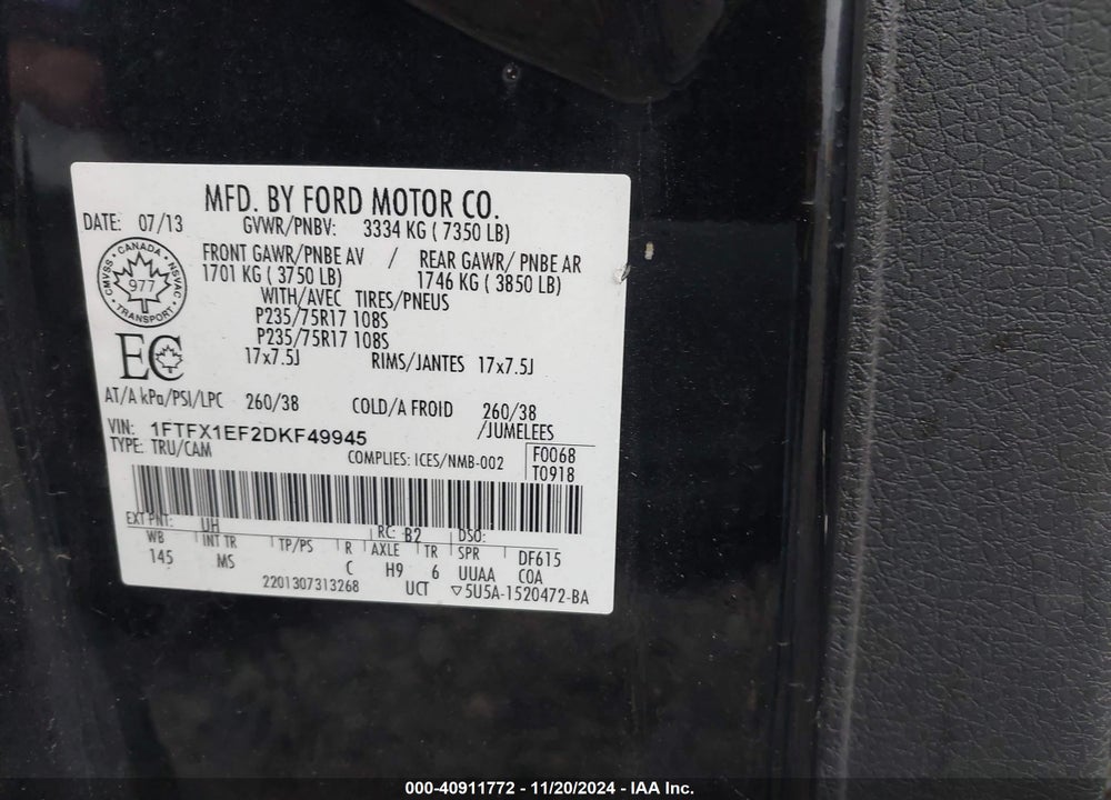 2013 FORD F-150 XLT VIN: 1FTFX1EF2DKF49945