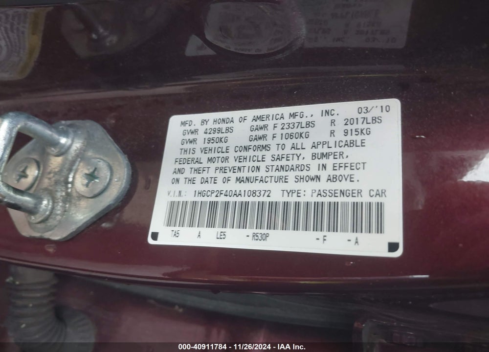 2010 HONDA ACCORD 2.4 LX-P VIN: 1HGCP2F40AA108372